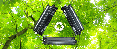 Eine nachhaltige Brother-Tonerkartuschenbox vor einem Hintergrund aus hellgrünen Baumblättern.