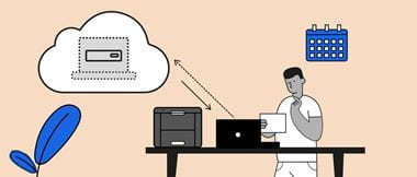 Illustration d'un homme utilisant un ordinateur portable, debout à un bureau dans un environnement de travail à domicile, se connectant à distance à un ordinateur de bureau VDI.
