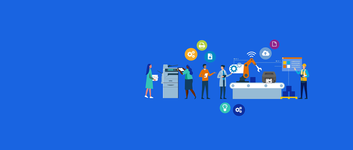 People around a printer, icons, cogs, cloud, document