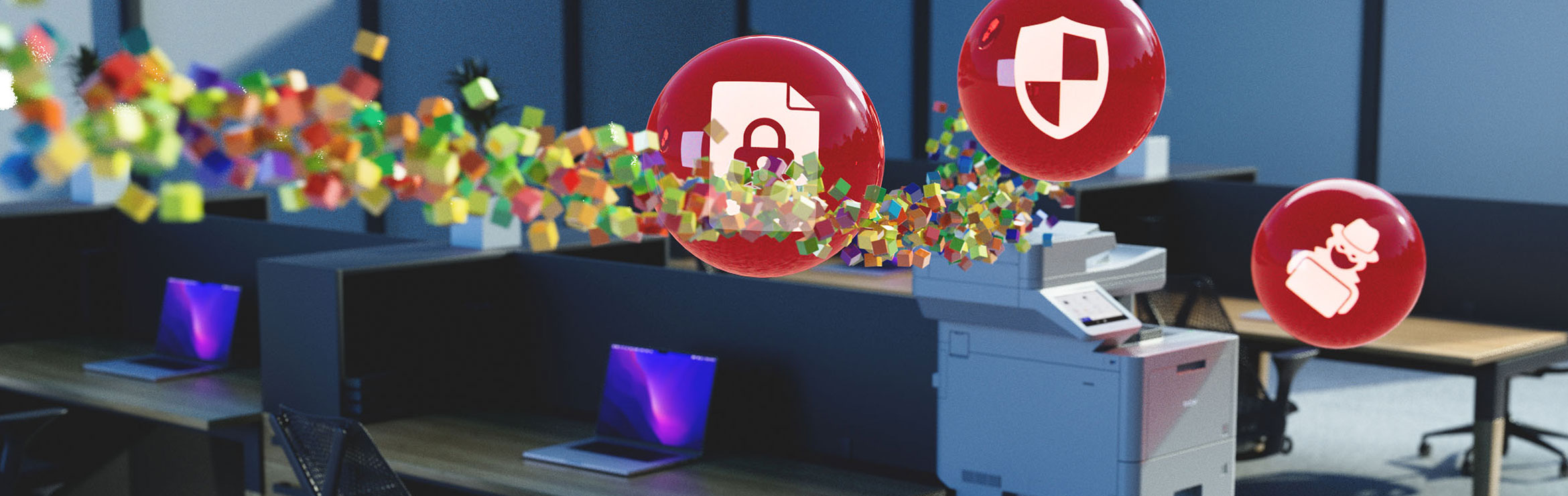 Printer in a bubble, hacker icon in bubble