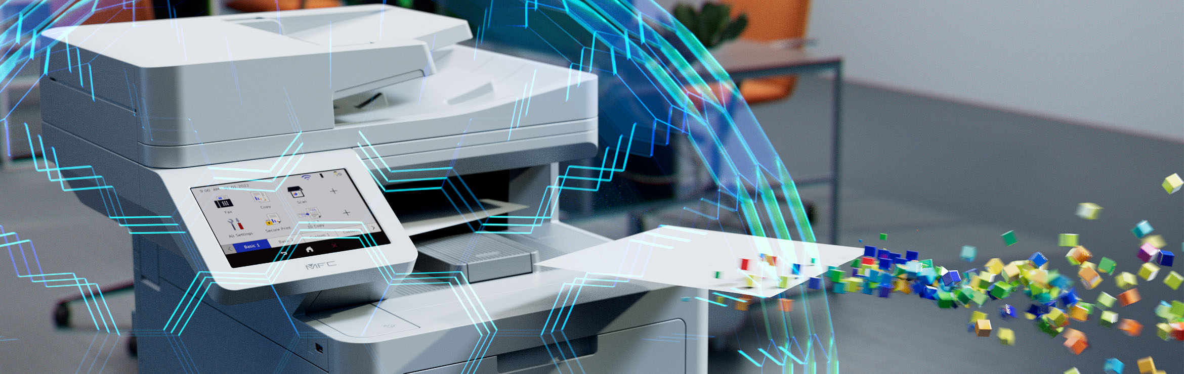 Printer with document surrounded by bubble