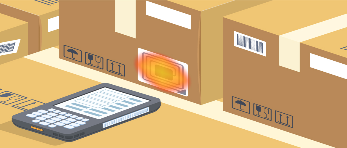 Grafik Zeigert Paket mit einem RFID-Tag, das von EIEM Mobiles Scanner erfasst wird