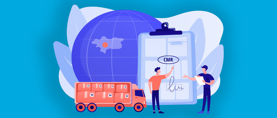 Grafik-Illustration mit Erdkugel, LKW, Lieferschein auf Klemmbrett und zwei Menschen. 