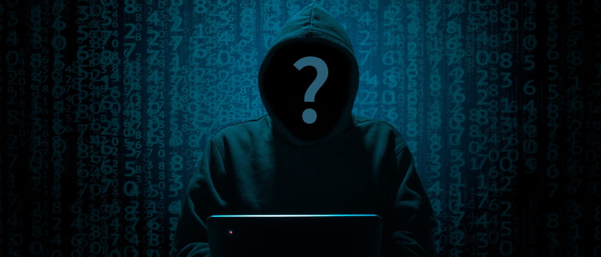 Das Bild zeigt einen dunkel gekleideten Menschen vor einem Laptop sitzend.