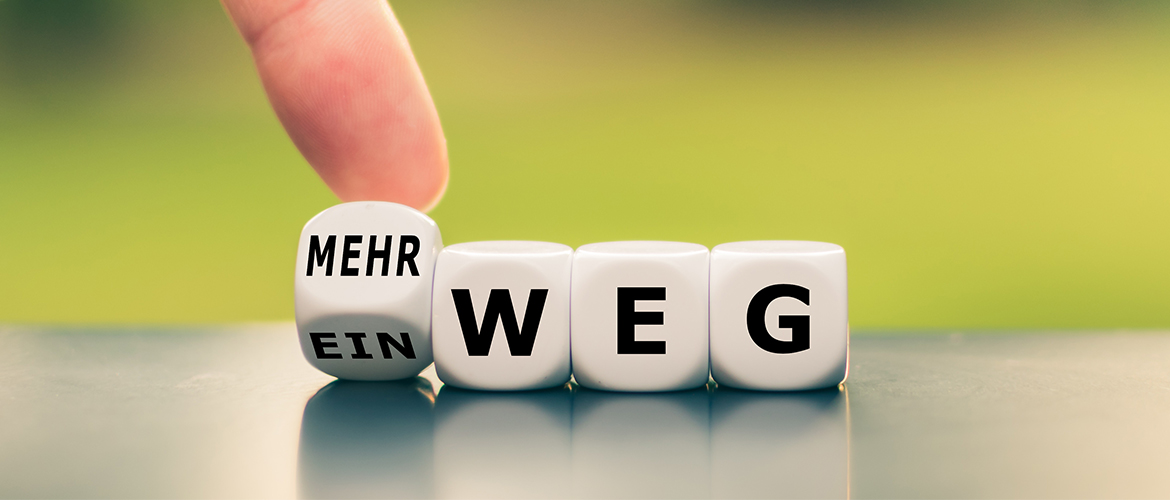 Würfel, welche den Begriff Einweg und Mehrweg zeigen.