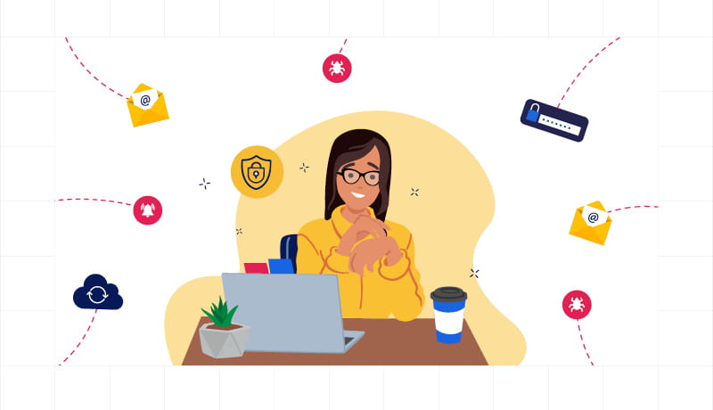 Illustration einer weiblichen Person, die an ihrem Schreibtisch arbeitet und von Symbolen zur Arbeitsplatzsicherheit umgeben ist