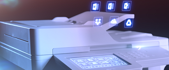 Multifunktionsdrucker über dem animierte Daten schweben