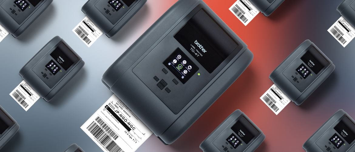 Viele Brother TD-4T RFID-Desktopdrucker mit Ausdruck, Ansicht von oben, farbiger Hintergrund