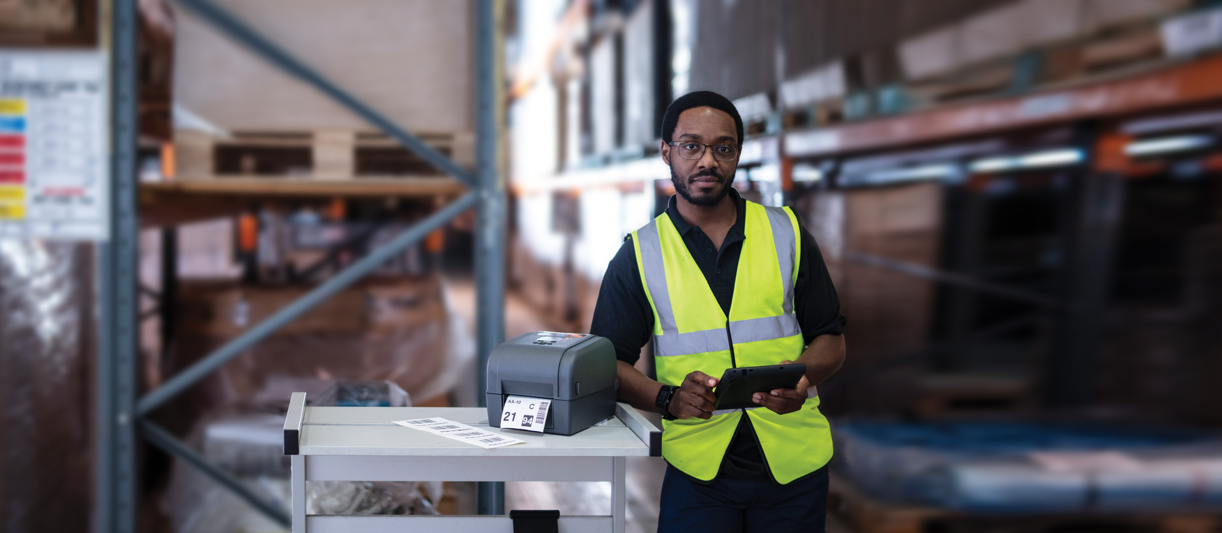 Logistik-Mitarbeiterin in Lagerhalle Ein Tisch Stehend, Freundlich lächelnd mit Tablet und TD-4T EtikettendRucker