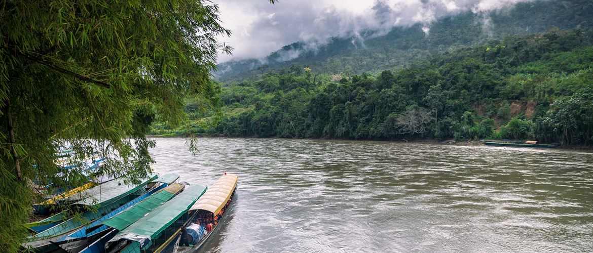 Boote an Anlegestelle auf Fluss im Regenwald