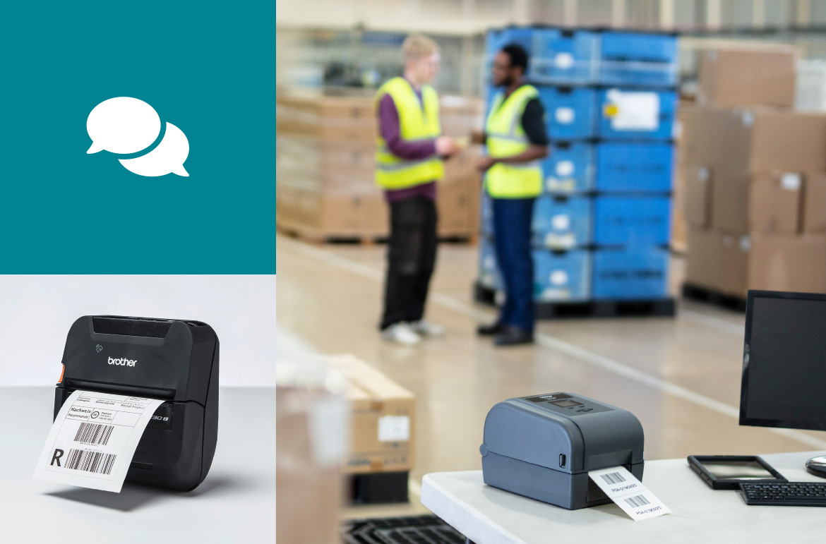 Zwei logistikmitarbeiterin im gessprechen, mobiler Brother rj-drucker, ansicht von vorn, sprechblasen