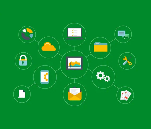 Grüner Hintergrund mit Vorhängeschloss, Wolke, Laptop, Papier, E-Mail, Einstellung Icons