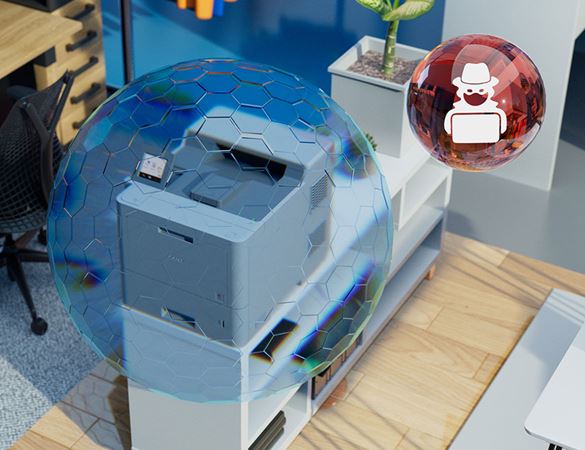 Drucker auf Schrank mit Luftblase und Hackersymbol in der Luft