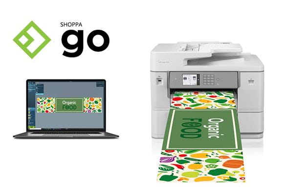 Shoppa Go Logo mit Laptop und Großformatdrucker zum Banner drucken von Brother in Nahansicht.