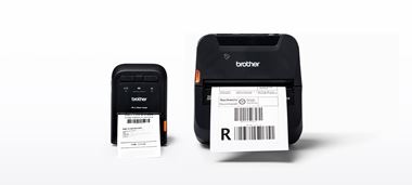 Mobile Etikettendrucker der RJ-Serie, Ansicht von vorn mit Ausdruck, vor weißem Hintergrund