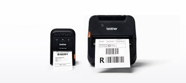 Mobile Etikettendrucker der RJ-Serie, Ansicht von Vorn mit Ausdruck, vor Weißem Hintergrunder