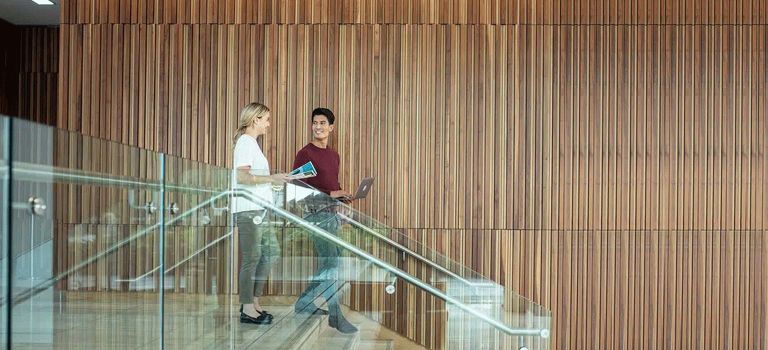 Zwei Personen laufen eine Treppe herunter, Laptops in der Hand und unterhalten sich über Business Solutions