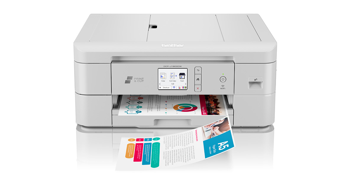 DCP-J1800DW Tintenstrahldrucker, Ansicht von vorn mit geschnittenem Ausdruck