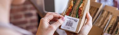 Sandwich labelled with barcode and price, printed on a Brother label printer