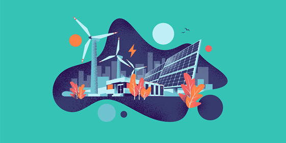 Illustration mit Gebäuden, Windkraftanlage, Blättern, Sonne