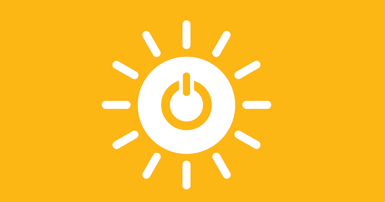 Sun icon with a power button in the centre on a yellow background