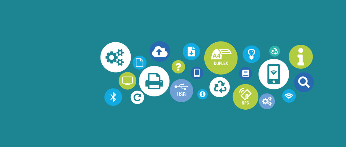 Series of icons including a printer, cogs and a phone on a teal background