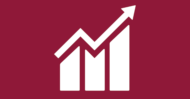 Bar chart with increased results icon on a maroon background