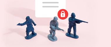 Three plastic toy soldiers standing against a pink background defend a secure PDF paper document from a business data breach