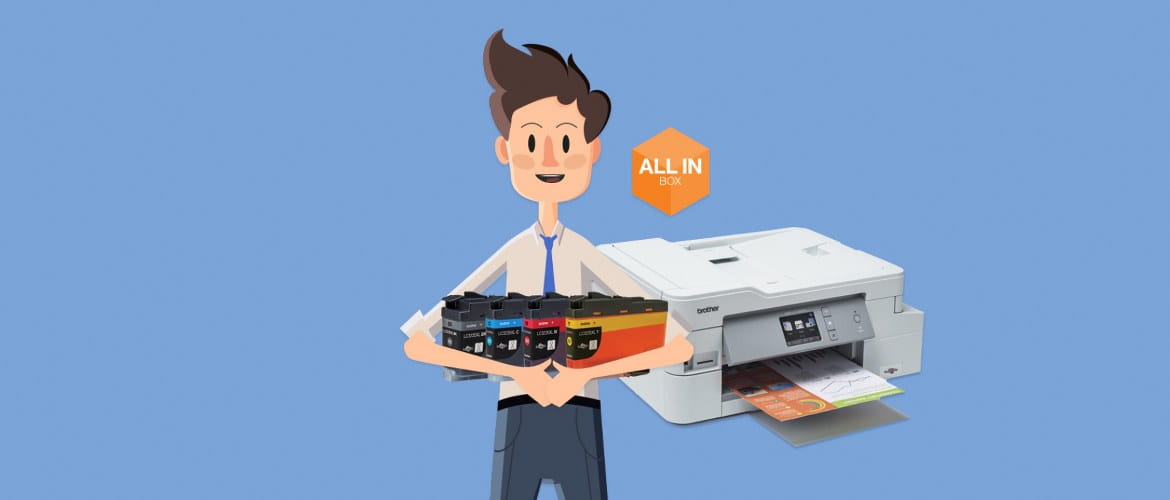 A cartoon man stands against a pale blue background to promote a print bundle package. He is holding four CMYK ink cartridges with a Brother printer in the background next to an orange All in Box icon. 