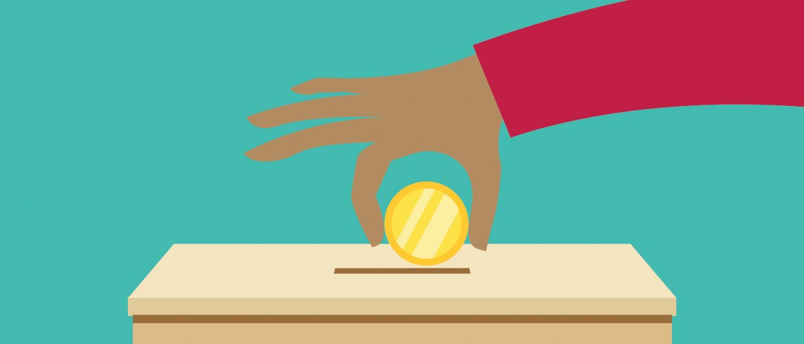 A cartoon graphic to signify charitable donations shows a hand donating a gold coin in a wooden charity collection box against a solid teal background