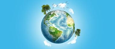 Blog header for 10 ways to help the environment showing the earth as a globe surrounded by clouds and trees against a blue sky background