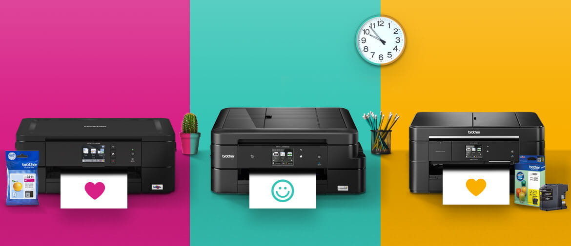 3 brother printers sat on a pink green and yellow background with printed hearts and a smiley face