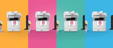 Four Brother office business printers against colourful orange, pink, green and blue backgrounds - each printing a document with a security padlock on it. 