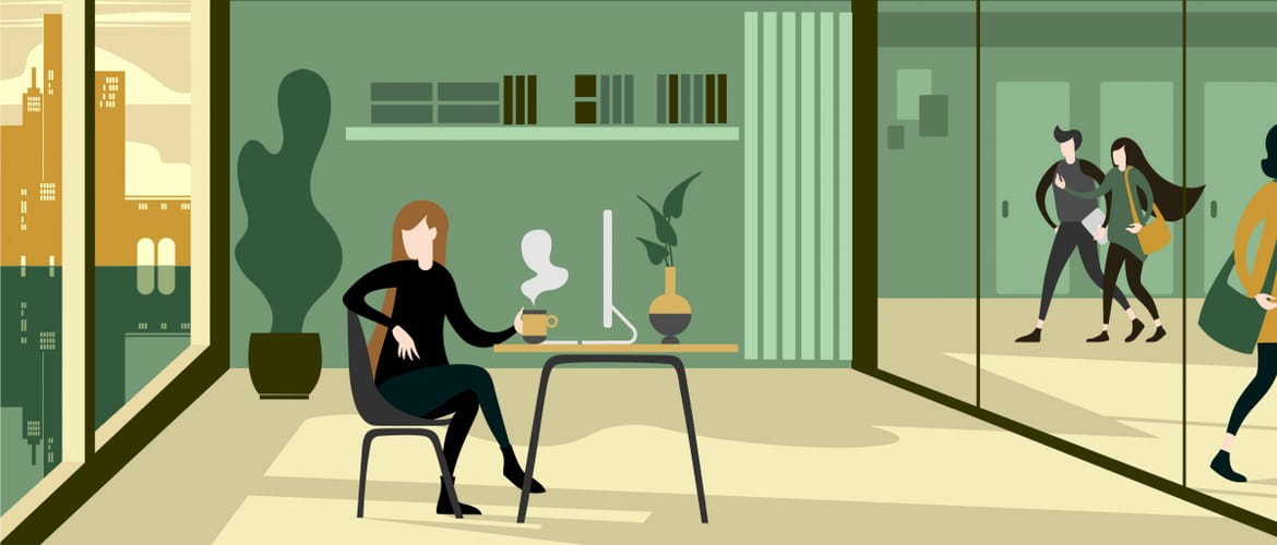 Office of the future image depicting the physical feel of the workplace environment with an animated style showing a business woman at her desk