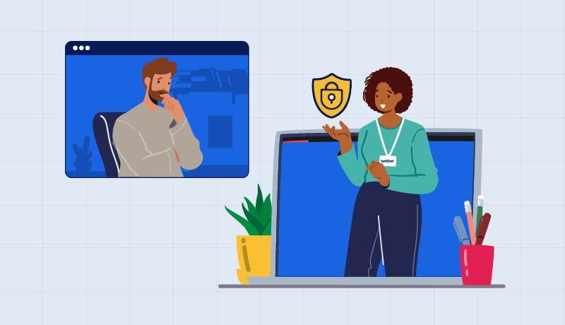 An illustration of two Brother IT employees conducting a virtual meeting about cyber security