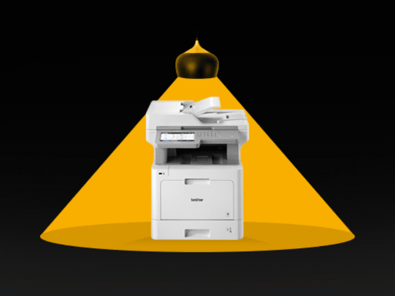 A Brother office business is overlooked by a yellow spotlight. Animated eyes surround the printer for a message about print security. 