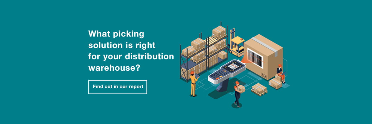 A banner image contains the copy "What picking solution is right for your distribution warehouse?" with "Find out in our report" written underneath. An image shows a logistics scene in a warehouse as staff scan in parcels and transport or organise stock. 