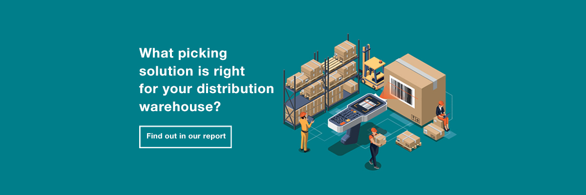 A banner image contains the copy "What picking solution is right for your distribution warehouse?" with "Find out in our report" written underneath. An image shows a logistics scene in a warehouse as staff scan in parcels and transport or organise stock. 