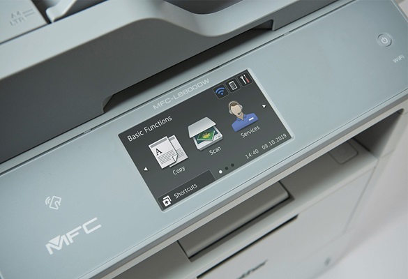 Close up photo of the Brother MFC-L6800DW printer LCD touchscreen showing the Request Help solution to contact the services team