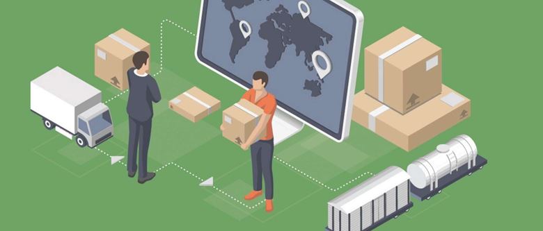A graphic shows a retail distribution scene with animated businessmen and a factory staff member inspecting and carrying parcels from a warehouse production line alongside a truck and map of the world. 