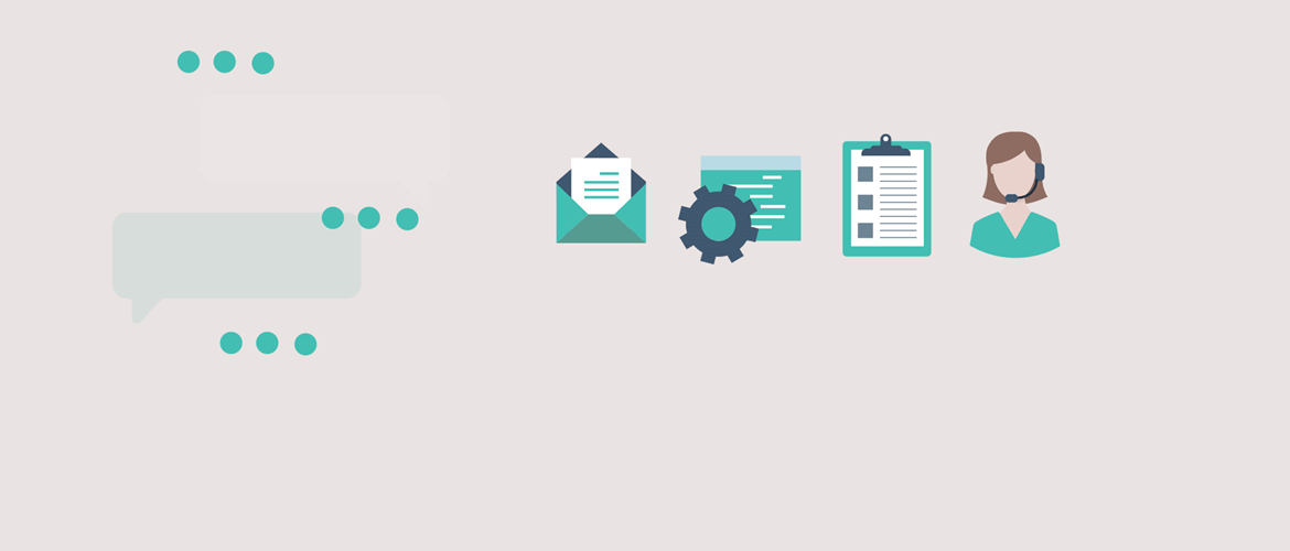 Teal icons of email, settings, clipboard and woman with headset on light grey background