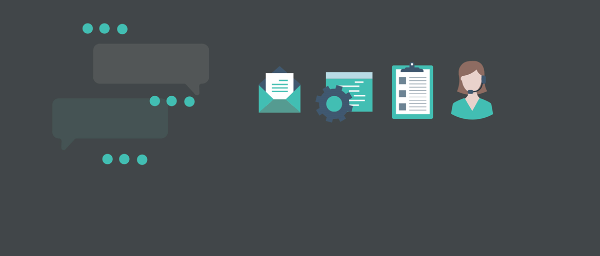 Teal icons of email, settings, clipboard and woman with headset on dark grey background