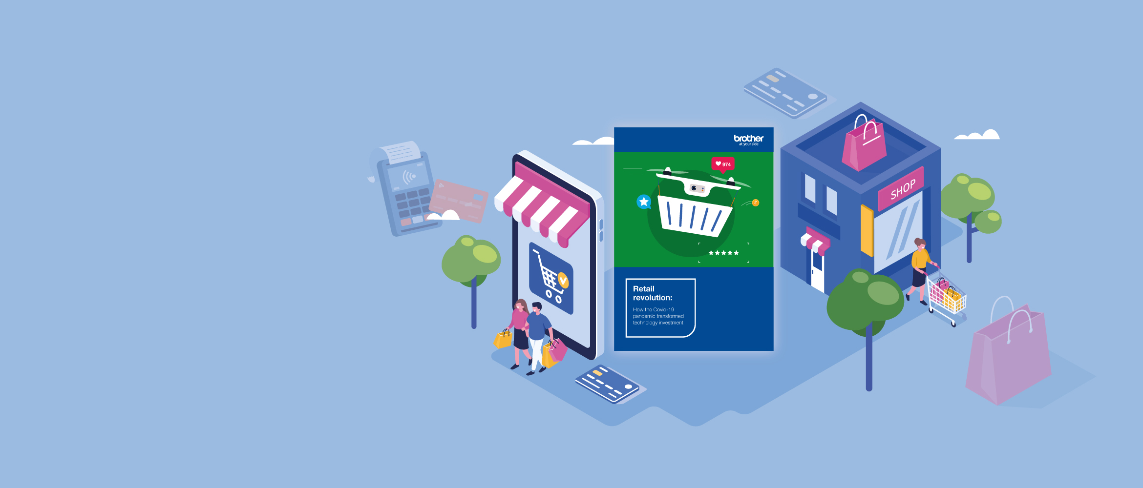 Brochure on a blue background with people shopping, a shop front, a card reader and a shopping bag