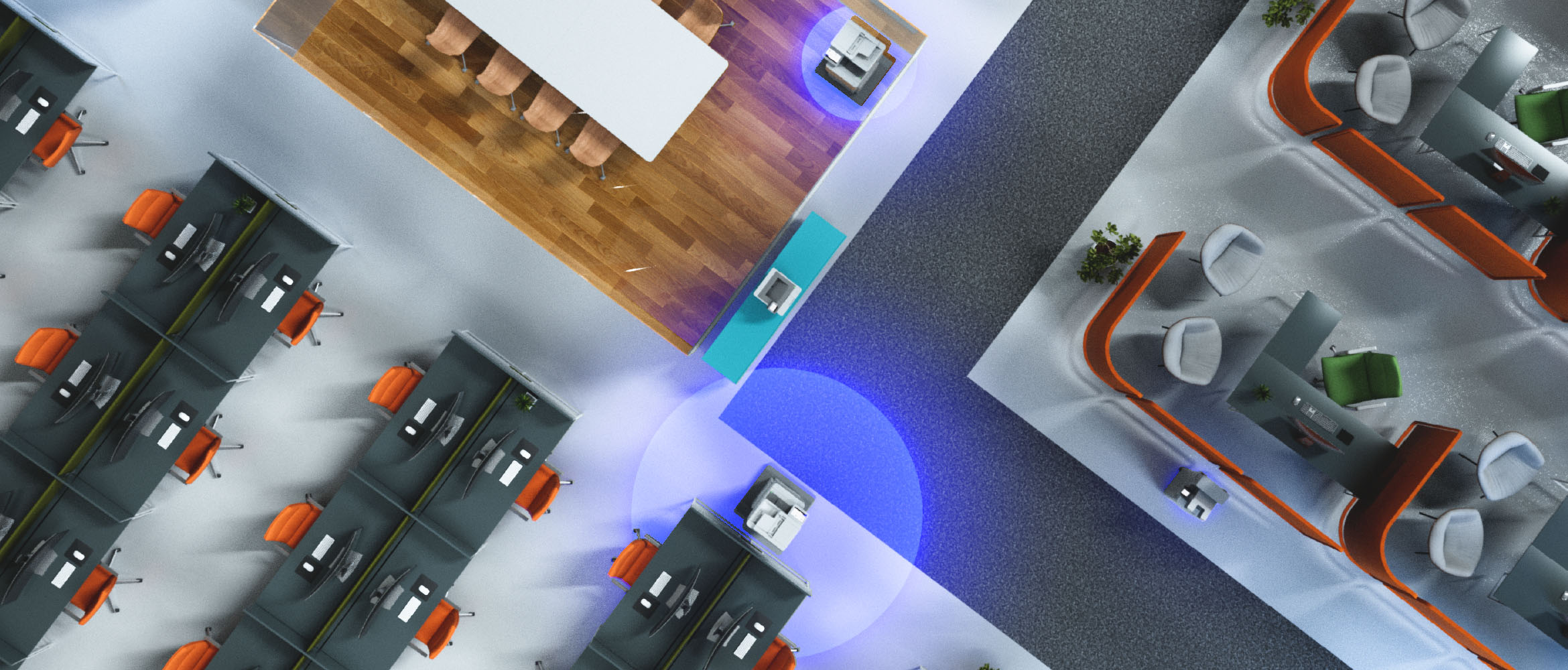 Overhead view of printers in office for cost efficiency