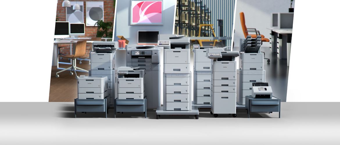 Line up of printers with different working office backgrounds