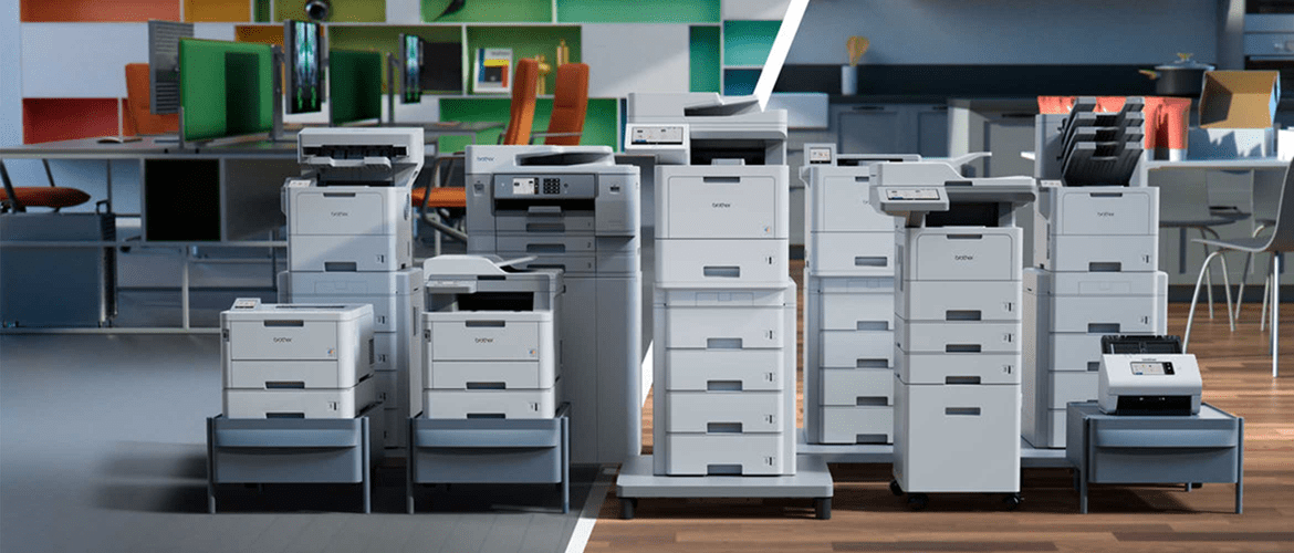 Range of printers and scanners with chairs in the background