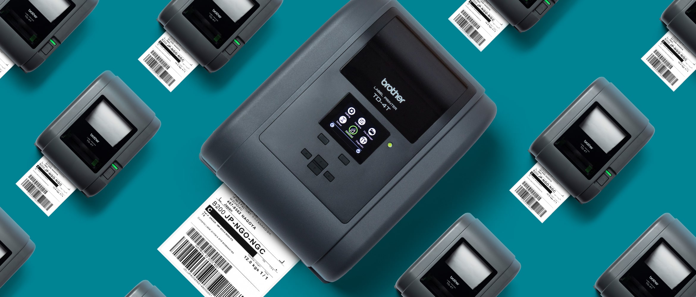 TD-4T-labelprinter på en baggrund af TD-4T-labelprintere