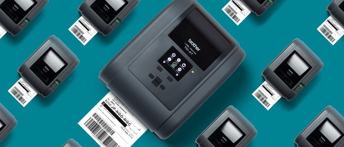 Top view of Brother TD-4T thermal transfer desktop label printers on teal background