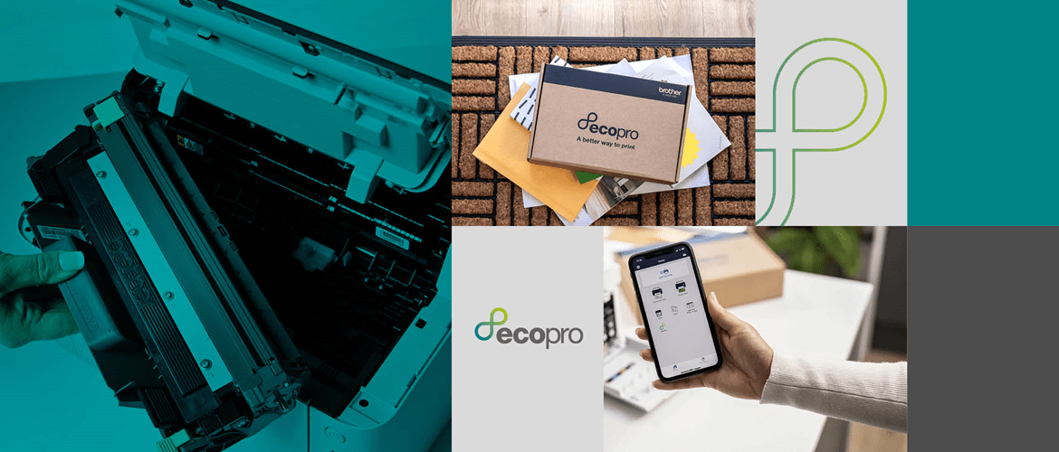 Eine Reihe von Kacheln mit dem EcoPro-Logo, die Lieferung von Verbrauchsmaterialien und die Brother Mobile Connect App