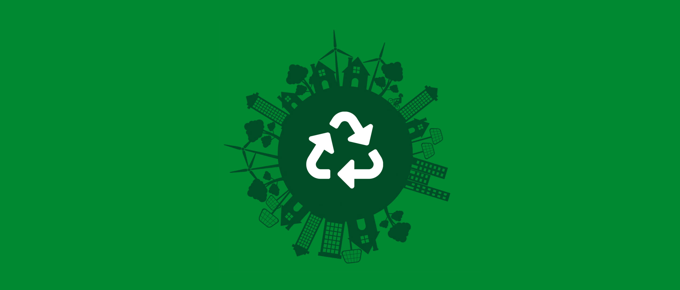 A globe with a recycling icon in the middle and a city landscape round it on a green background